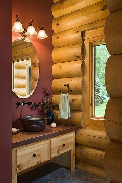 Interior, vertical, powder room, Battiato residence, Tafton, Pennsylvania; Estemerwalt Log Homes