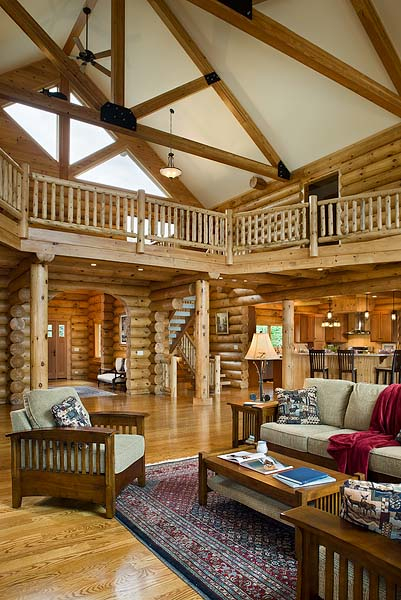 Interior, vertical, living room toward entry, loft and kitchen, Battiato residence, Tafton, Penns...