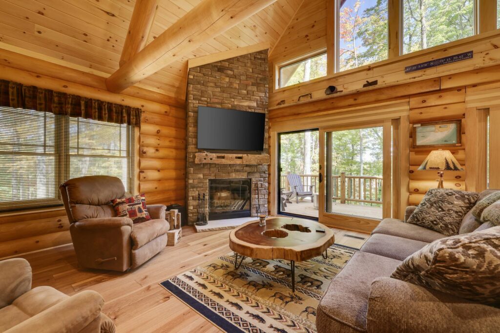 Stone fireplace with tv